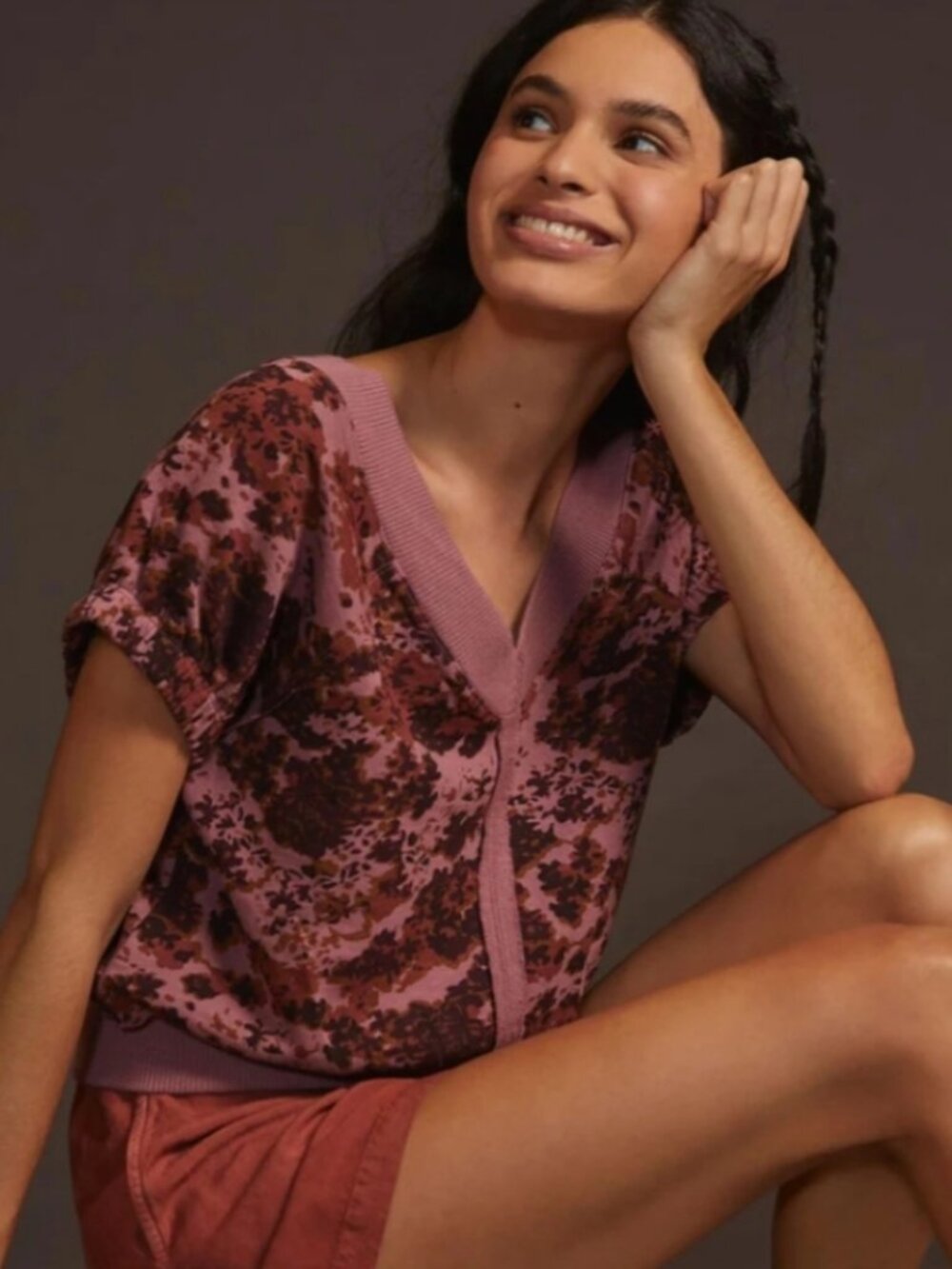 Pilcro Anthropologie Women’s Medium Floral V-Neck Short Sleeve Sweatshirt Top